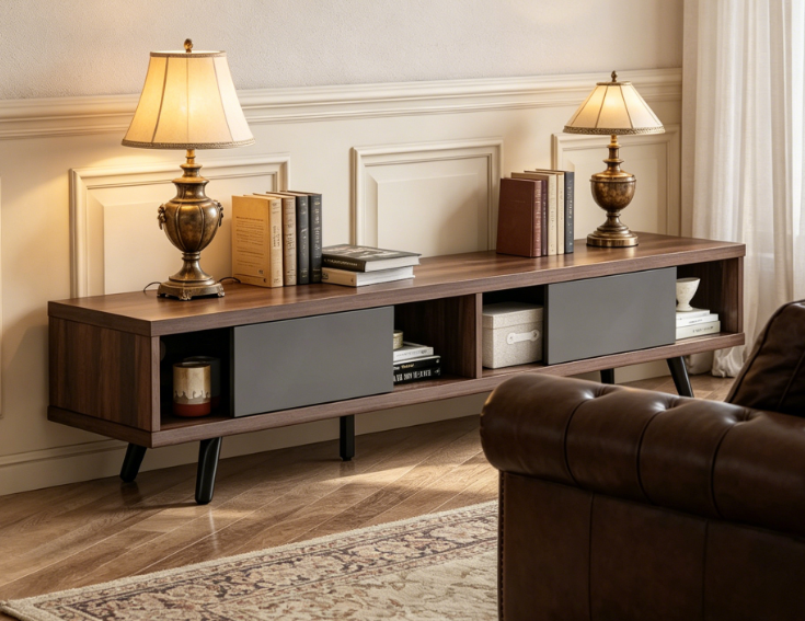 Mid-Century Modern Low-Profile Walnut TV Console