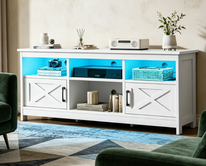 White Rustic-Style TV Console with LED Lighting and Power Outlets - Image 2