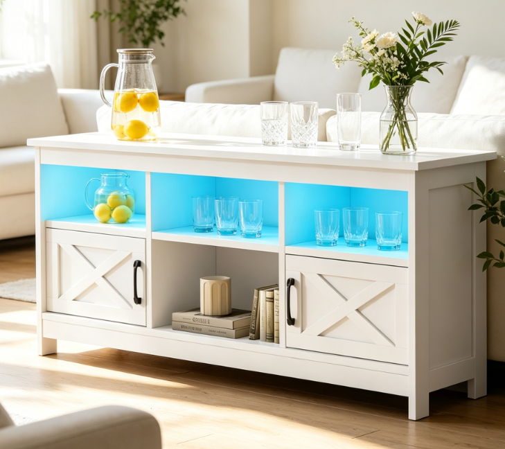 White Rustic-Style TV Console with LED Lighting and Power Outlets