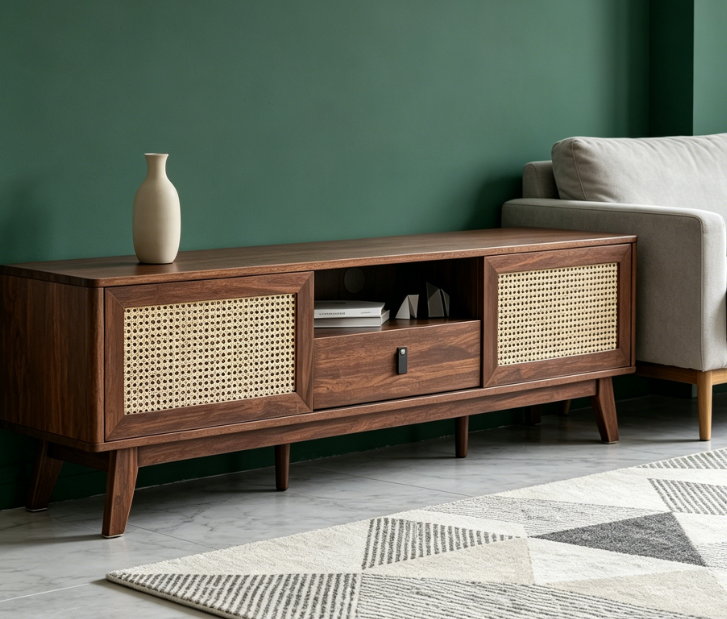 Bohemian-Style Solid Wood & Rattan TV Console - Image 2