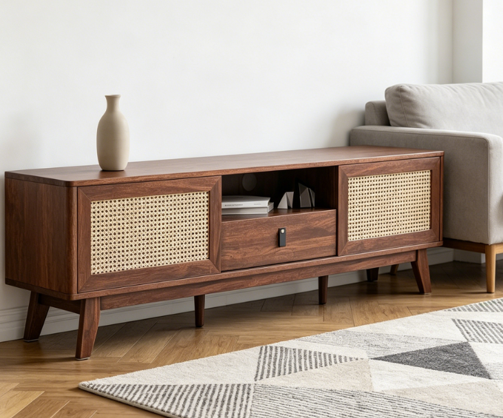 Bohemian-Style Solid Wood & Rattan TV Console
