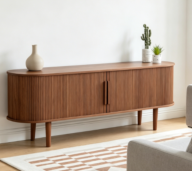 Modern Walnut Sliding-Door TV Console